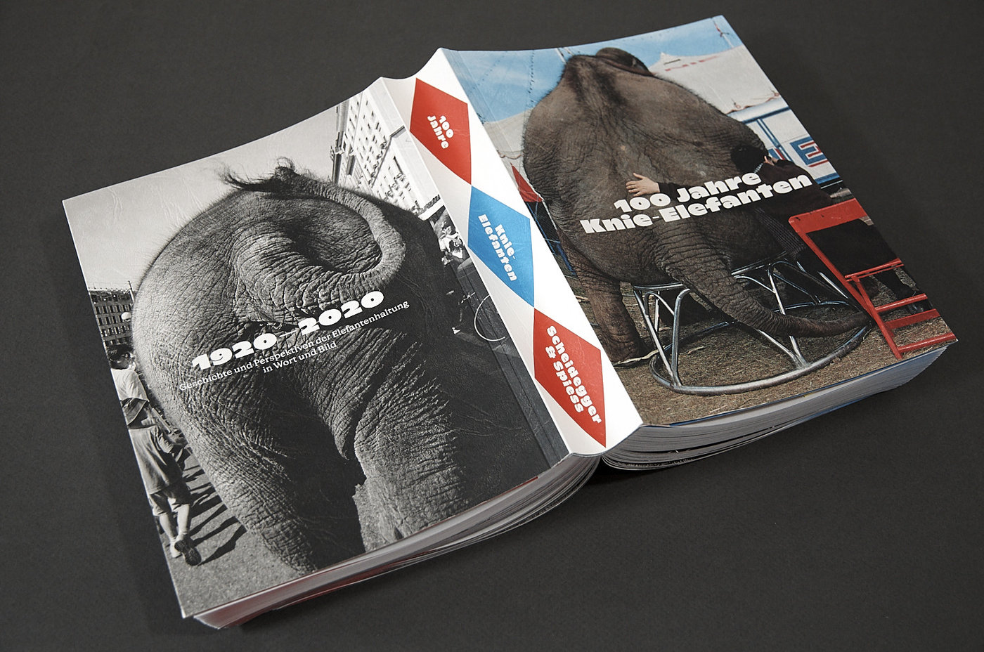 Perfect-bound book with elephant cover design 100 Jahre Knie-Elefanten