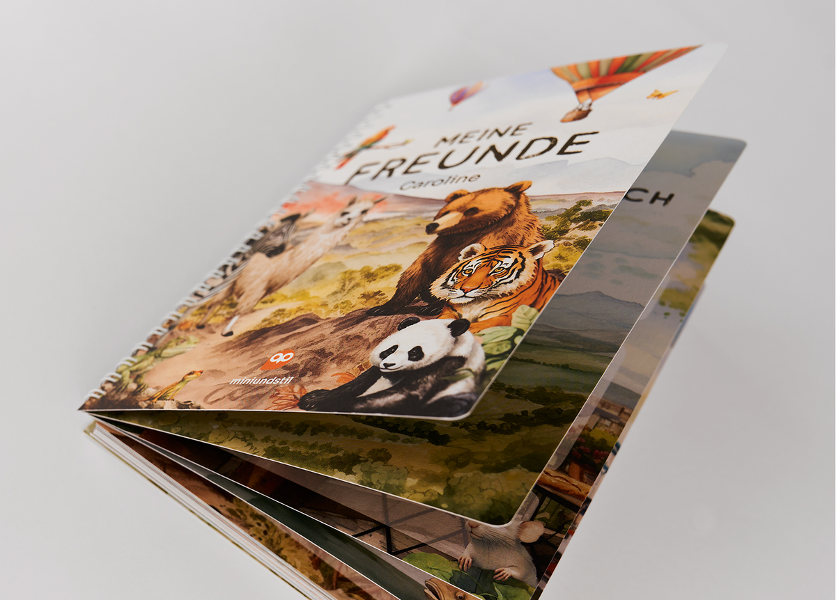 Livre illustré pour enfants plié Brochure avec couverture illustrée d'animaux divers incluant un panda, un tigre et un ours, le titre "MEINE FREUNDE" et un nom manuscrit. Les pages intérieures montrent des images et des motifs en couleurs. La brochure est partiellement ouverte.