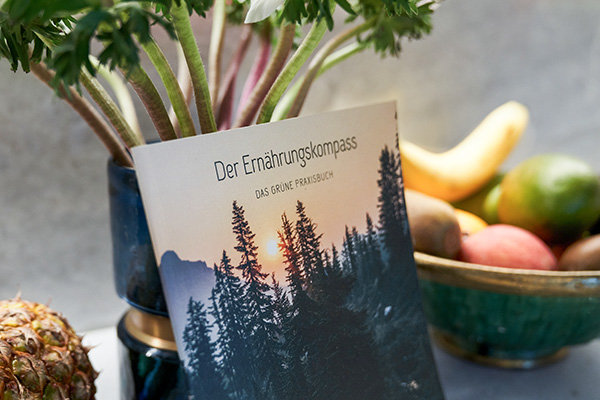 Livre à couverture souple posé près d'un vase avec des branches vertes, entouré de fruits frais dont un ananas et une banane, le titre du livre est en allemand "Der Ernährungskompass" sur fond de paysage avec des sapins et un coucher de soleil.