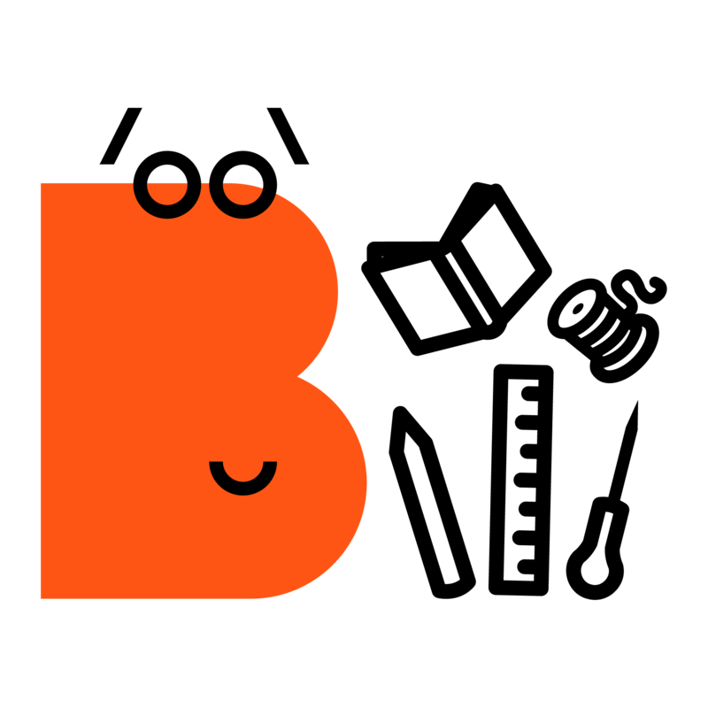 Grafische Darstellung eines grossen, orangen Buchstabens B mit stilisierten Augenbrauen und runden Brillengläsern, daneben Symbole für Buchbinderei-Werkzeuge: ein aufgeschlagenes Buch, ein Faden auf einer Spule, ein Stift, ein Lineal und ein Ahle auf grauem Hintergrund.