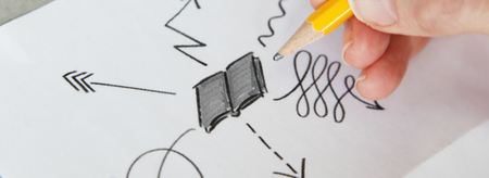 Hand zeichnet mit einem gelben Bleistift ein offenes Buch auf ein Blatt Papier, umgeben von verschiedenen Pfeilen und Linien.
